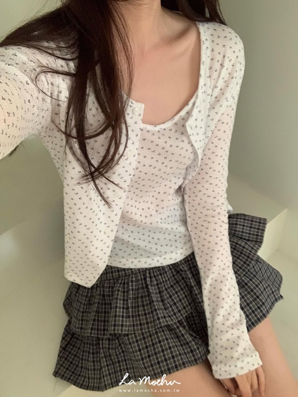 碎花細針織圓領背心+小外套兩件組